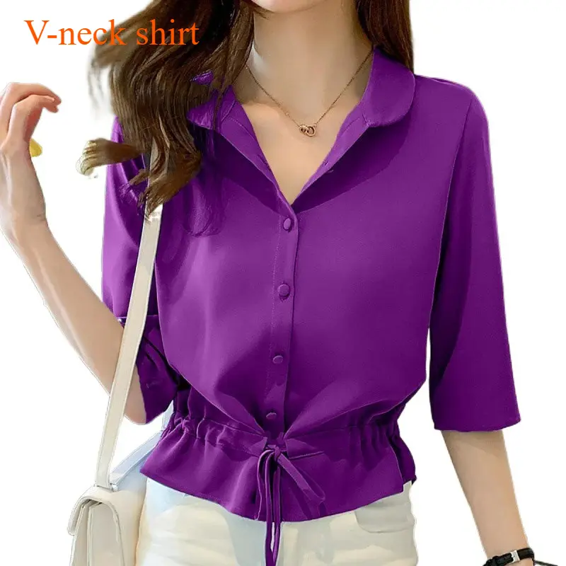 Short sleeved shirt, chiffon shirt, summer shirt, casual shirt, women's shirt, new shirt, V-neck shirt, breathable shirt, new shirt, rose red shirt,, blue shirt, red shirt, purple shirt Top Womenswear Blouse Lingerie Comfort Lady Basic Collar Minimalist