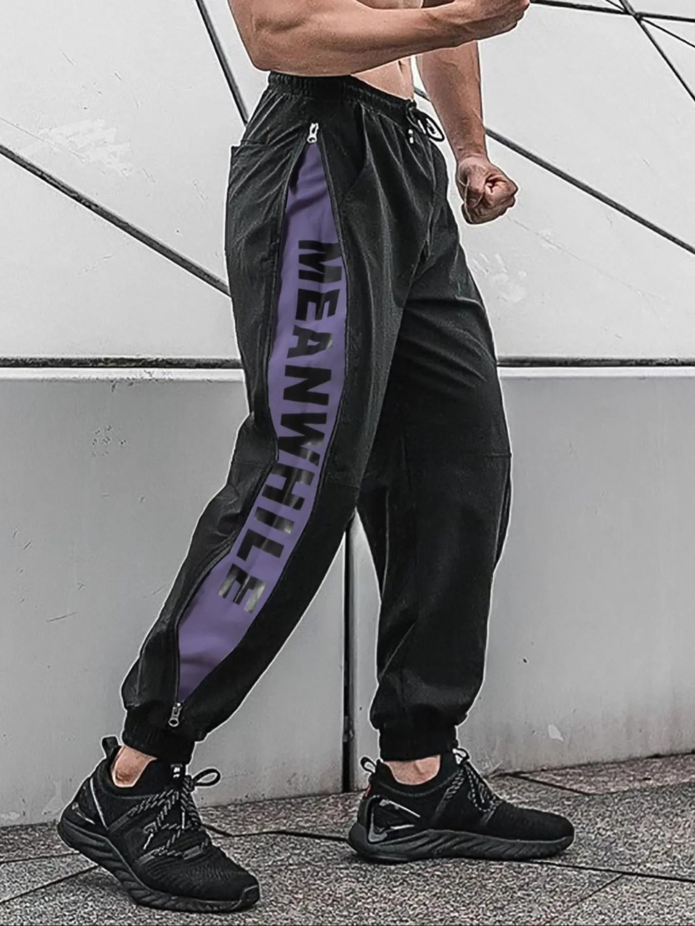 Men's Colorblock Letter Print Zipper Design Drawstring Waist Sweatpants,  Loose Casual Street Fashion Pocket Jogger Pants for Daily Wear, Mens Bottoms for All Seasons
