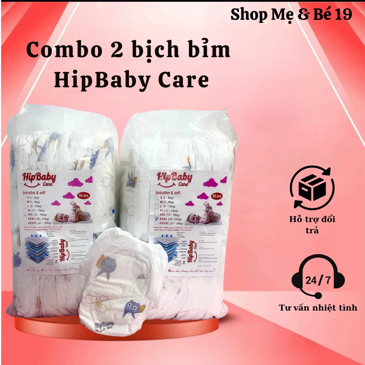 Combo 2 bịch bỉm HIPBABY Care 100 miếng bỉm/tã. Đủ size S/M/L/Xl/2XL/3XL Cho Bé - Women Voi Balo  Nữ