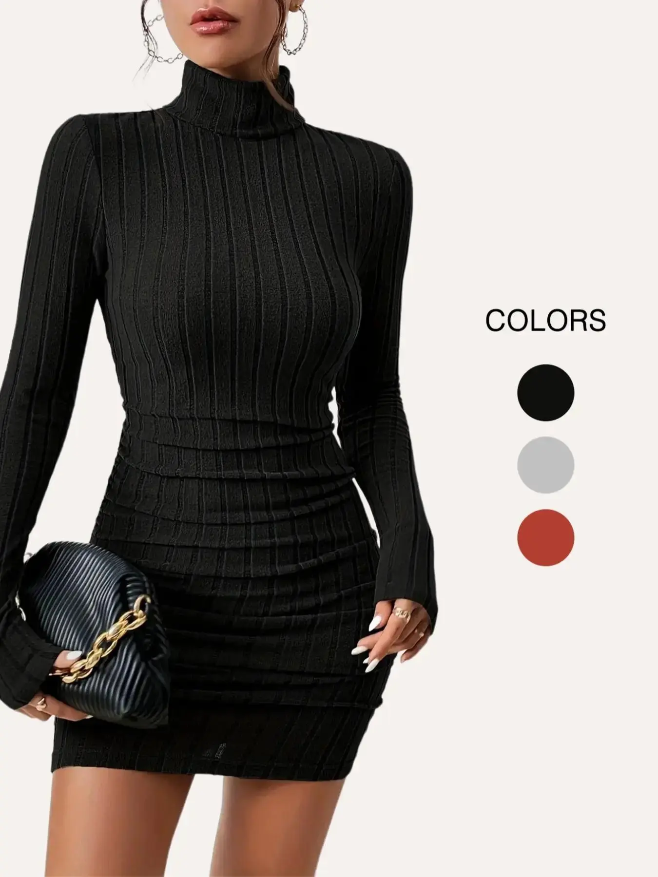 Women's Textured Turtle Neck Ribbed Bodycon Dress, Casual Long Sleeve Short Dress for Fall & Winter, Ladies Clothes for Daily Wear