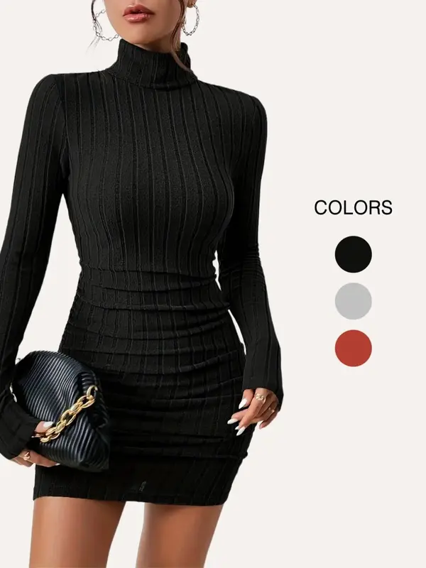Women's Textured Turtle Neck Ribbed Bodycon Dress, Casual Long Sleeve Short Dress for Fall & Winter, Ladies Clothes for Daily Wear 0