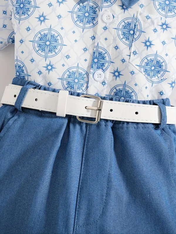 Toddler Boy's Geometric Print Short Sleeve Shirt & Bow Tie & Belt & Shorts Four-Piece Set, Casual Summer Clothes for Kids 4