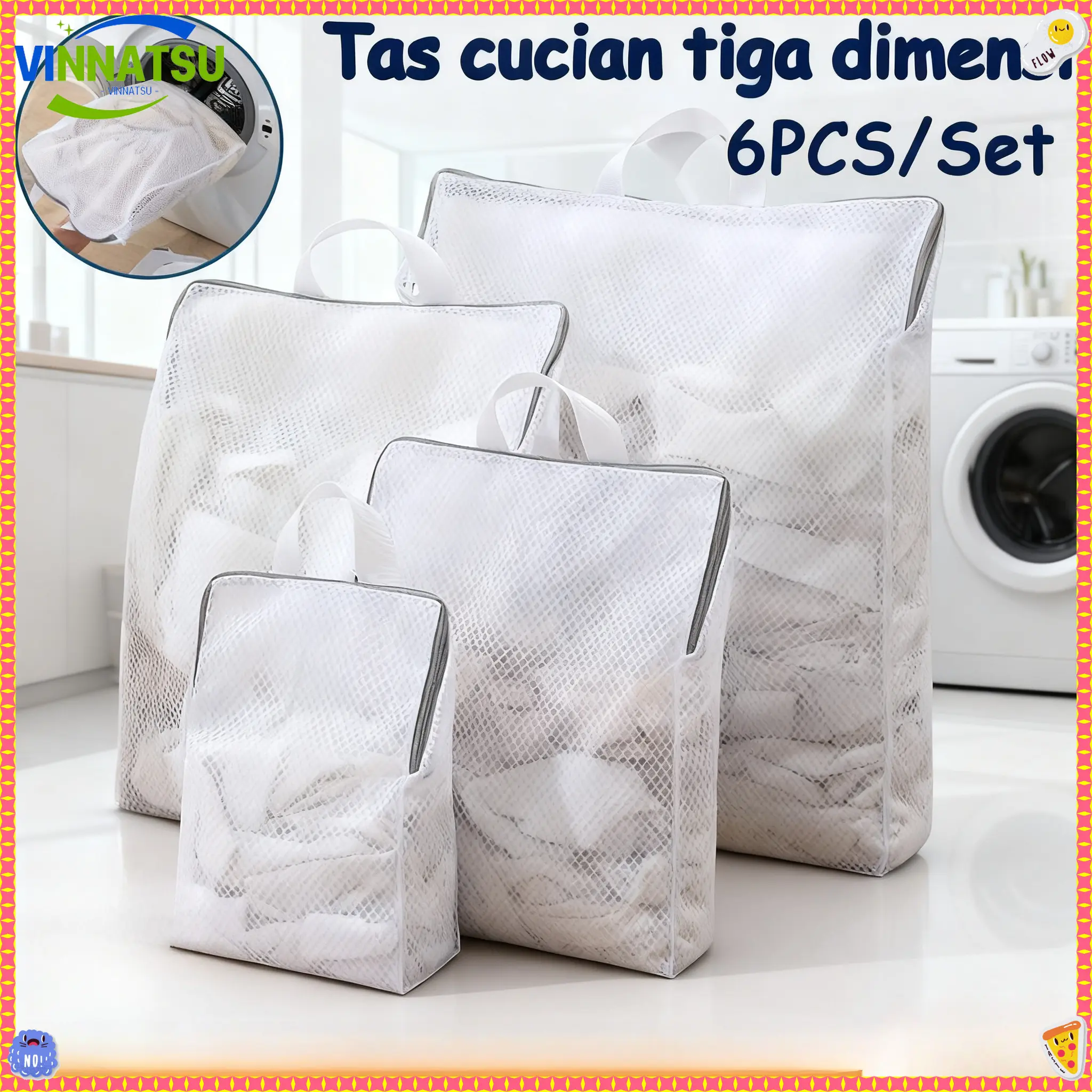 Vinnatsu 6PCS  Tas Cucian Kantong Jaring Cuci Laundry Bag Kualitas Premium Kapasitas Besar Washing Bag Bra Laundry Bag Tas Baju Bersih Pakaian Kotor Tas Zipper