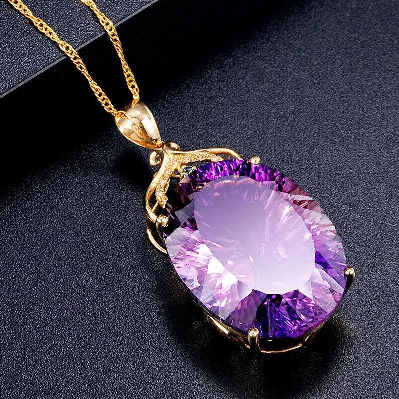 Gemstone Charm18k Gold Plated 36CT Amethyst Color Oval Crystal Pendant Necklace Lady Wedding Jewelry 2