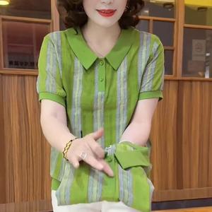 temperament lapel stripe women's short sleeve t-shirts loose and thin middle age mother casual green polo shirts basic korean style tees