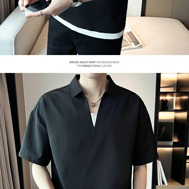 Product Introduction of 2025 Fake Two-Piece V-neck T-shirt Men's Ins Fashion Brand Short Sleeve Polo Shirt Ice Silk Half Sleeve 2023 New Summer Matching Suit 19