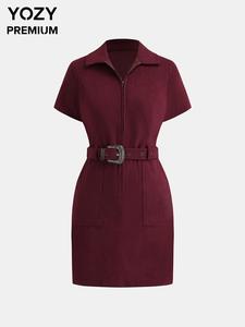 YOZY Women's Solid Belted Zipper Dress, Casual Short Sleeve Collared Dress for Spring & Fall, Ladies Clothes for Daily Wear