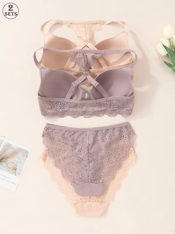 Women's Solid Color Lace Bra & Panty Two-Piece Set, Adjustable Strap Push Up Bra & High Waist Panty, Lingerie Set for Women 7