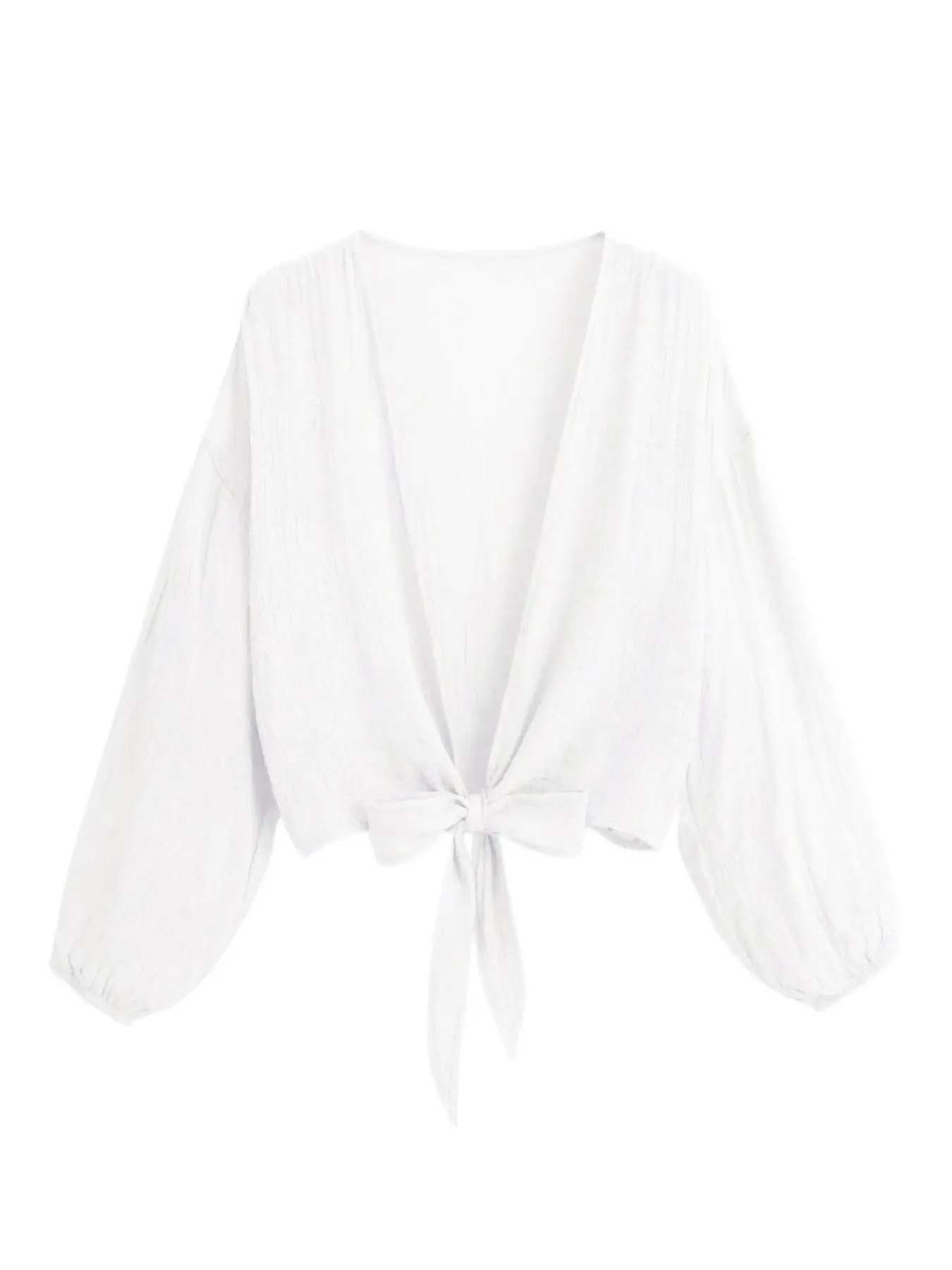 Women's Plain Tie Front Bishop Sleeve Cover Up, Boho Deep V Neck Long Sleeve Crop Top for Summer, Fashion Women's Clothing for Beach Vacation