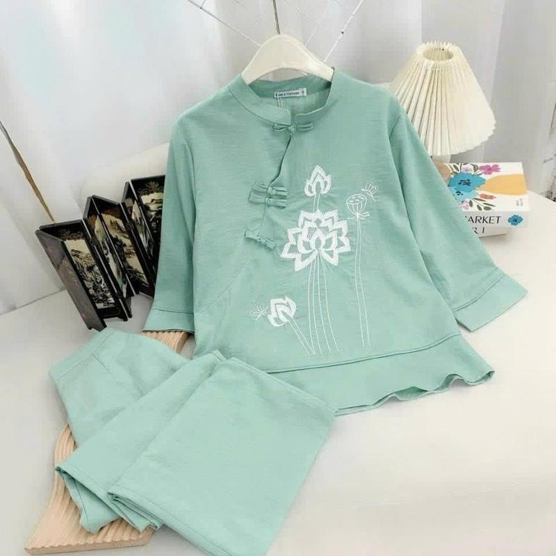 M175-Bộ lam cổ tàu thêu hoa sen quần có túi chất vải đũi Nữ - Women 3