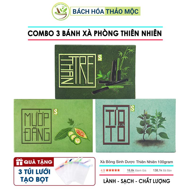Combo 3 Bánh Xà Phòng Thiên Nhiên Sinh Dược Mướp Đắng, Than Tre, Tía Tô Dưỡng Body