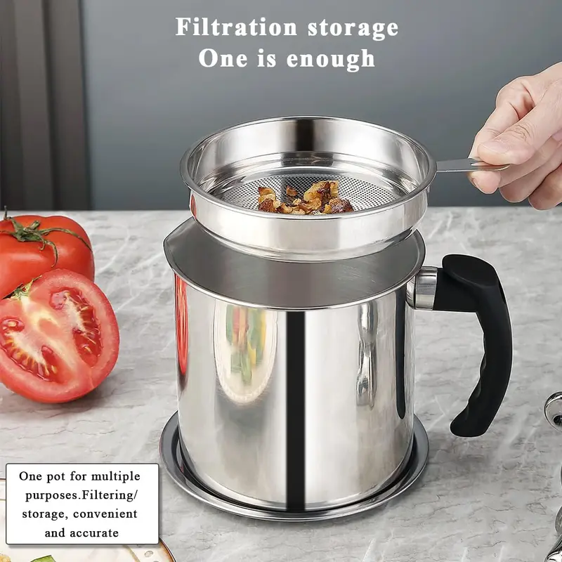Stainless Steel Oil Pot with Filter, Kitchen Oil Dispenser with Tray & Lid, Bacon Grease Container, Cooking Oil Can, Home Kitchenware 8