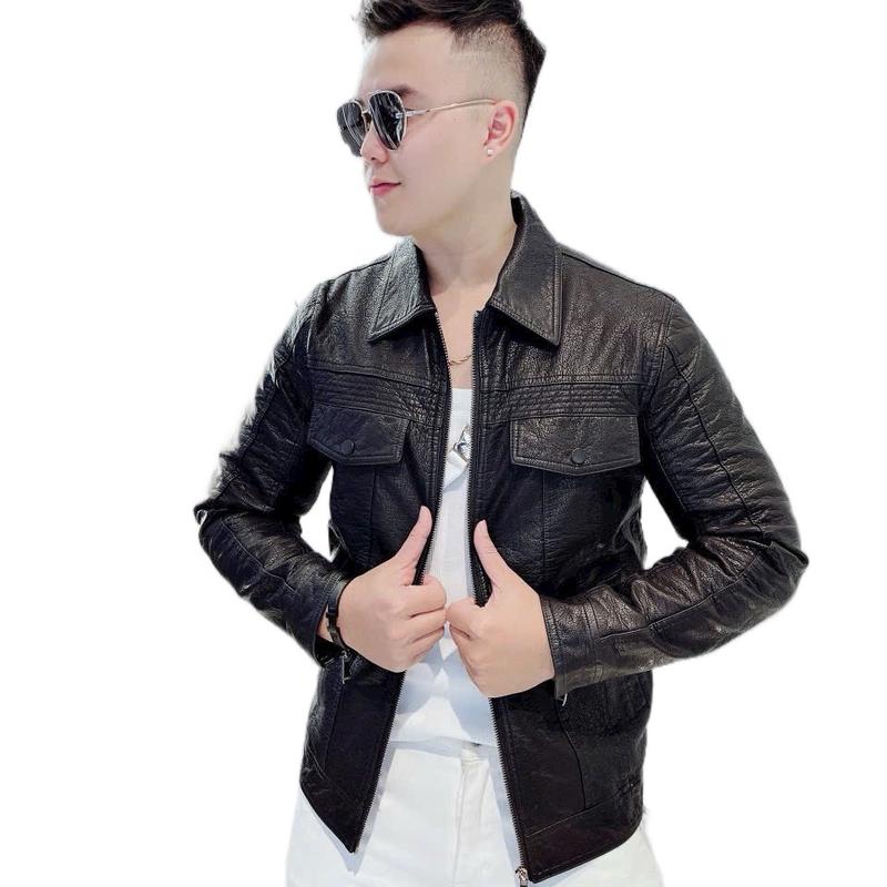 Áo khoác da cổ bẻ bên trong lót nỉ Nhung Quảng Châu cao cấp Menswear Jacket Nam