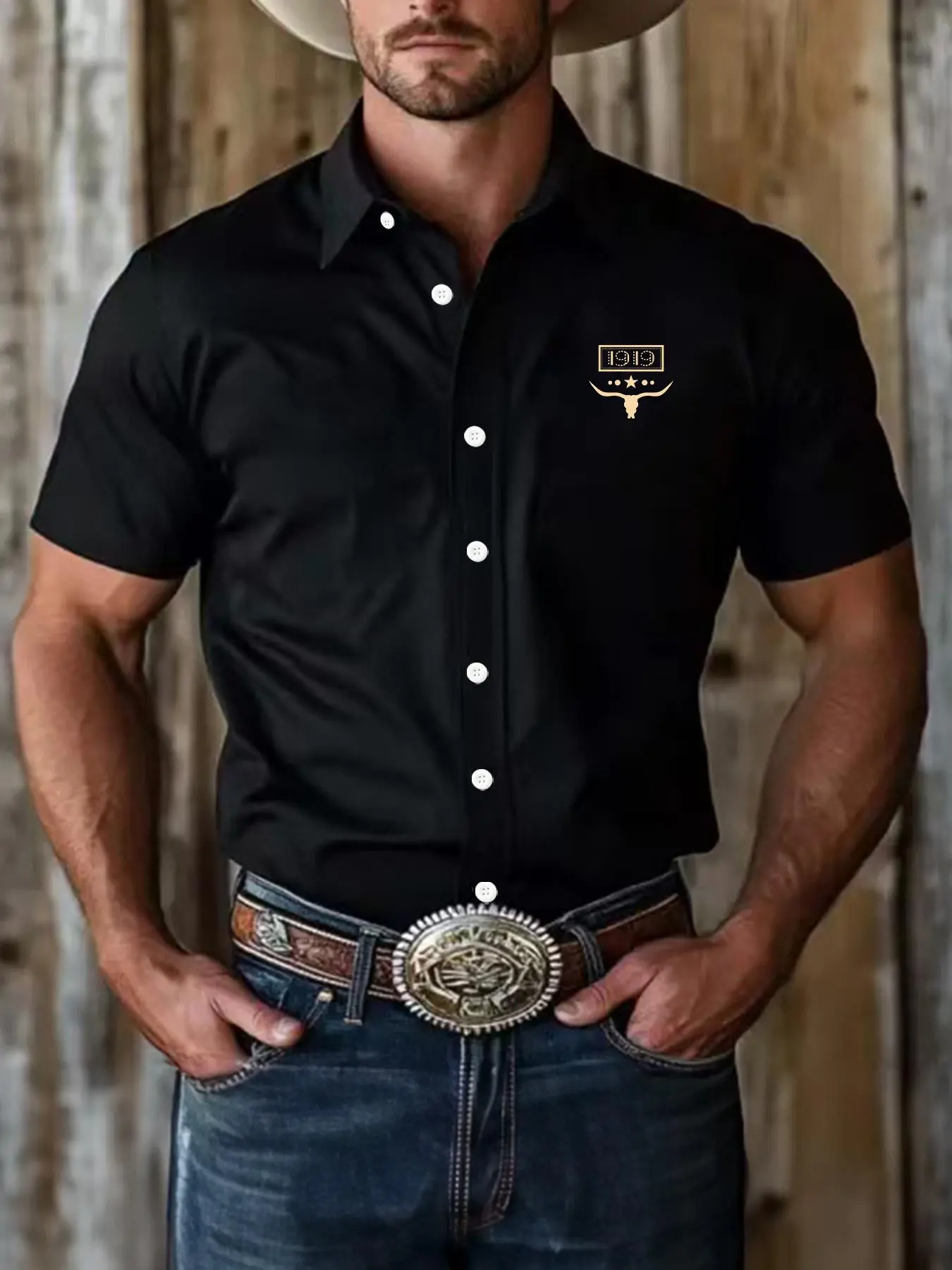 Men's Regular Fit Cowboy Graphic Print Short Sleeve Shirt, Casual Comfy Top for Summer, Fashion Men's Clothes for Daily Wear, Menswear