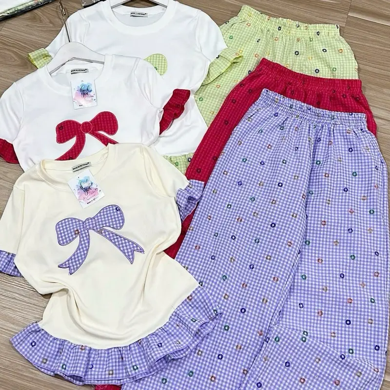 Set nơ thiêu phối bèo quần ống suông áo tăm lạnh quần đũi TTshop Nữ 0