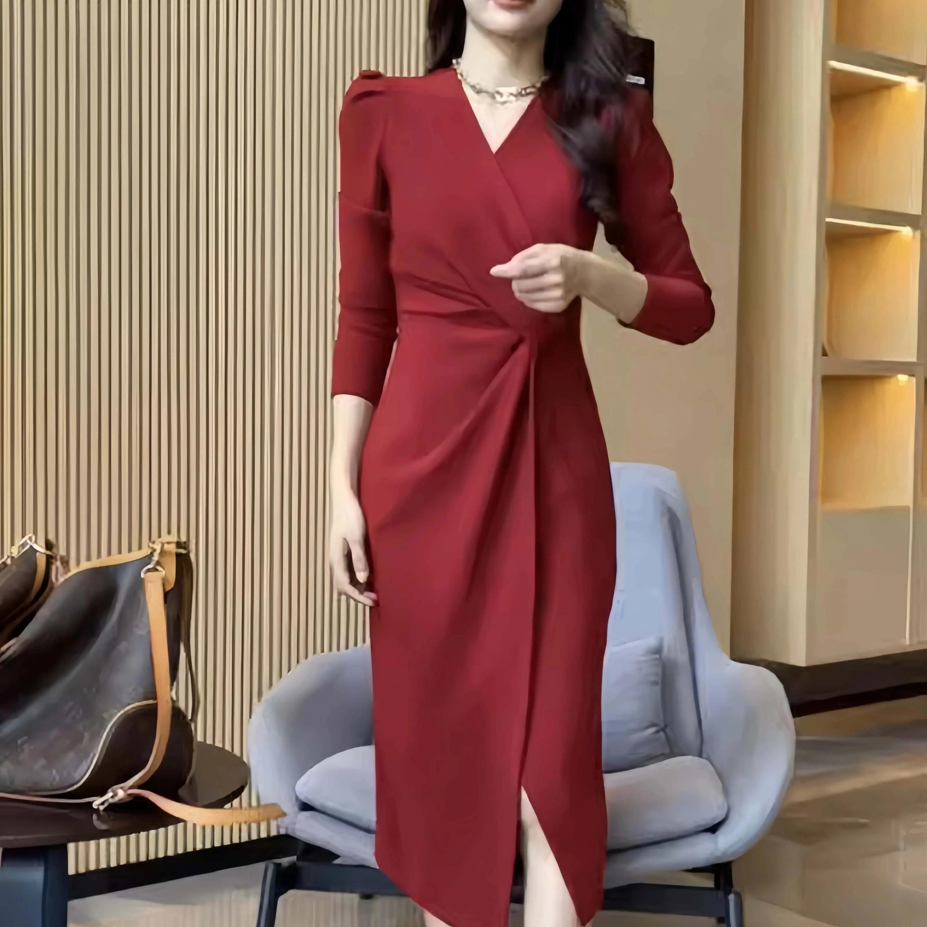 Váy Ruched Cổ Chữ V Cao Cấp, Ngoại Cỡ Cho Nữ, Thích Hợp Cho Mùa Thu, Váy Bodycon Bó Sát Eo Tôn Dáng, Dành Cho Phụ Nữ Cong