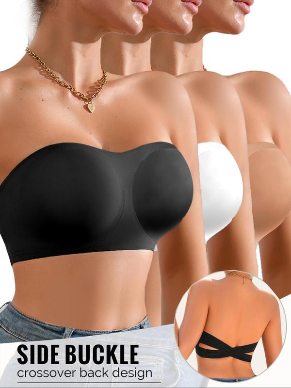 Women's Solid Color Buckle Side Criss Cross Bandeau Bra, Push Up Strapless Bra, Soft Comfortable Breathable Lingerie for Daily Wear, Bras Women 4