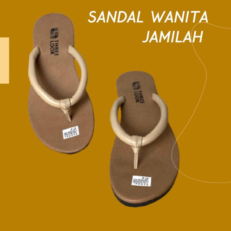 Sandal Wanita Jepit Teplek Flat Kekinian Karet Kulit Sintetis Threelook - Jamilah Pink Putih 3