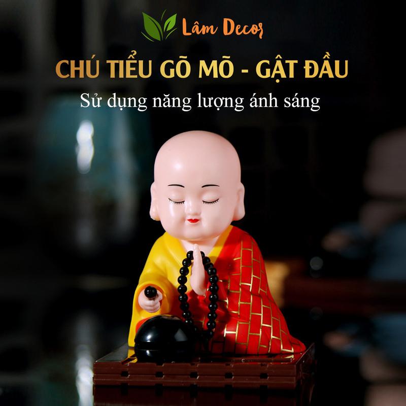 Tượng Phật Chú Tiểu Gõ Mõ Gật Đầu Sử Dụng Năng Lượng Ánh Sáng, Trang Trí Taplo Ô Tô, Bàn Thờ, Bàn Làm Việc