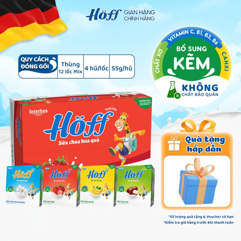 Sữa chua cho bé ăn dặm mix 4 vị Hoff bổ sung dinh dưỡng canxi kẽm vitamin B1 B2 B3 B6 chất xơ, Men vi sinh hỗ trợ hệ tiêu hóa thùng 12 lốc (48 hộp x 55g)