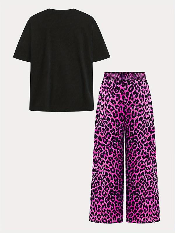 Two-piece Set Girl's Leopard Letter Print Tee & Pants Set, Casual Fashion Round Neck Short Sleeve T-shirt & Trousers for Daily Outdoor Wear, Kids Clothing for Summer, Rounded Neck 1