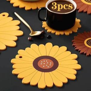 Pemegang Periuk Bunga Matahari, Diperbuat daripada Bahan PVC, Coaster Cawan Anti-Gelincir, Tikar Makan Mangkuk, Tahan Panas, Pad Kuali, Set 3, Sesuai untuk Meja, Aksesori Peralatan Dapur Cutlery Kitchenware