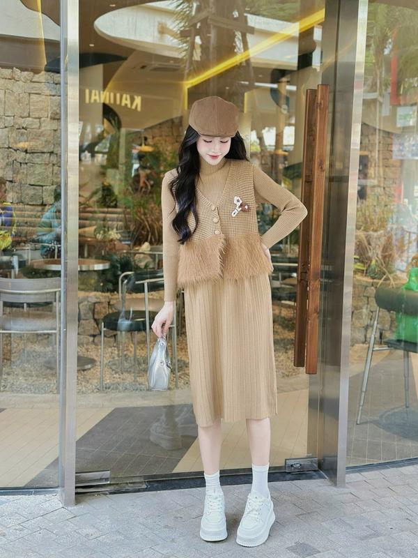  SV1831 Set len dập ly kèm áo gile lông Set váy bầu sang chảnh 