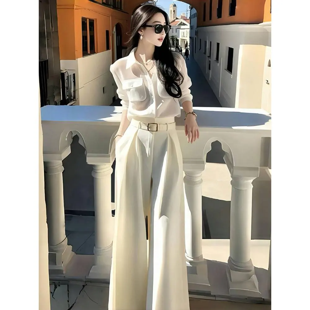 Bộ Đồ Hai Mảnh, Áo Sơ Mi Dài Tay Mùa Thu Cổ Điển Quần Ống Loe Cạp Cao Sành Điệu