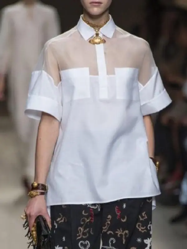 Women's Patchwork Collar Blouse, Casual Half Sleeve Top for Summer, Fashion Women's Top for Daily Wear 0