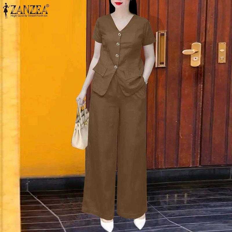 Product Introduction of ZANZEA Women Two-piece Suits V-Neck Raglan Sleeve Single-Breasted Shirt Wide Leg Full Trousers Solid Sets 28