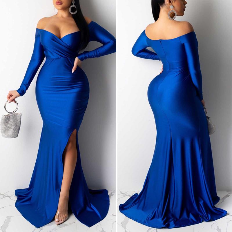 Lady Evening Dress V Neck Off Shoulder Side Slit Floor Length Long Sleeves Pleated Slim Fit Maxi Dress Ball Gown Banquet Party Dress 4