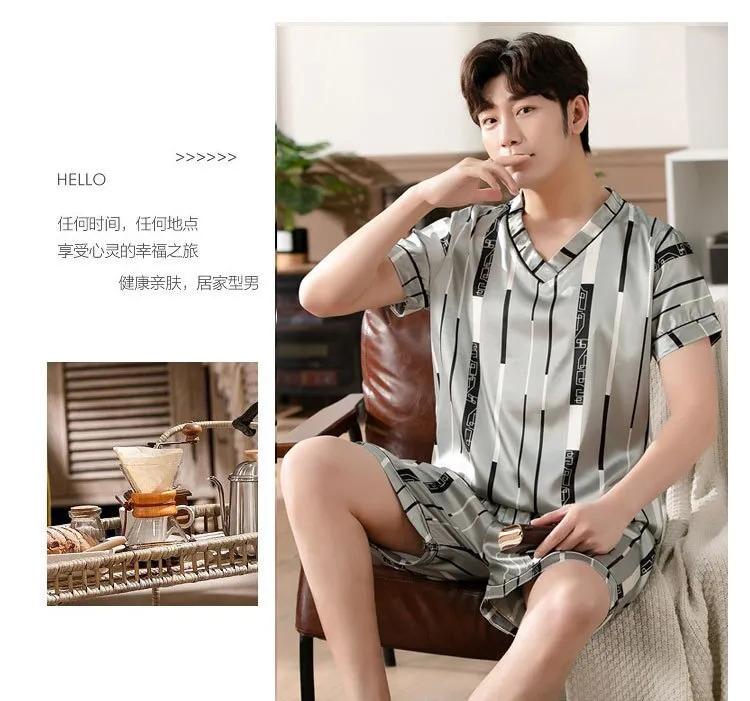 Product Introduction of Men's Pajamas Summer Fashion V-Neck Thin Ice Silk Short-Sleeved Shorts Nightie Two Piece 2024 New Boys Casual Sleepwear Nightie 38