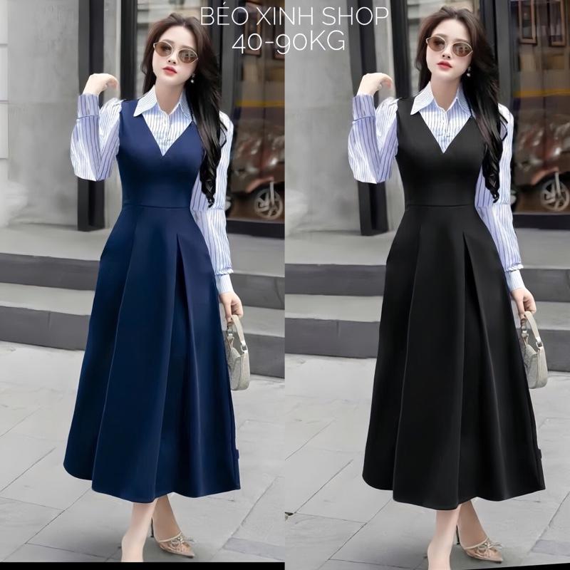 Váy Dự Tiệc Nữ Thiết Kế Dáng Dài Phối Cổ Sơ Mi Sọc Vải Cotton Lạnh Cao Cấp Cho Nàng Bigsize 40–90kg - A.1637