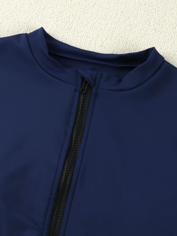 Women's Solid Zip Up Crop Top & Shorts Racing Swimsuit Set, Long Sleeve Round Neck Top & Skinny Shorts, Swimsuit for Women 7