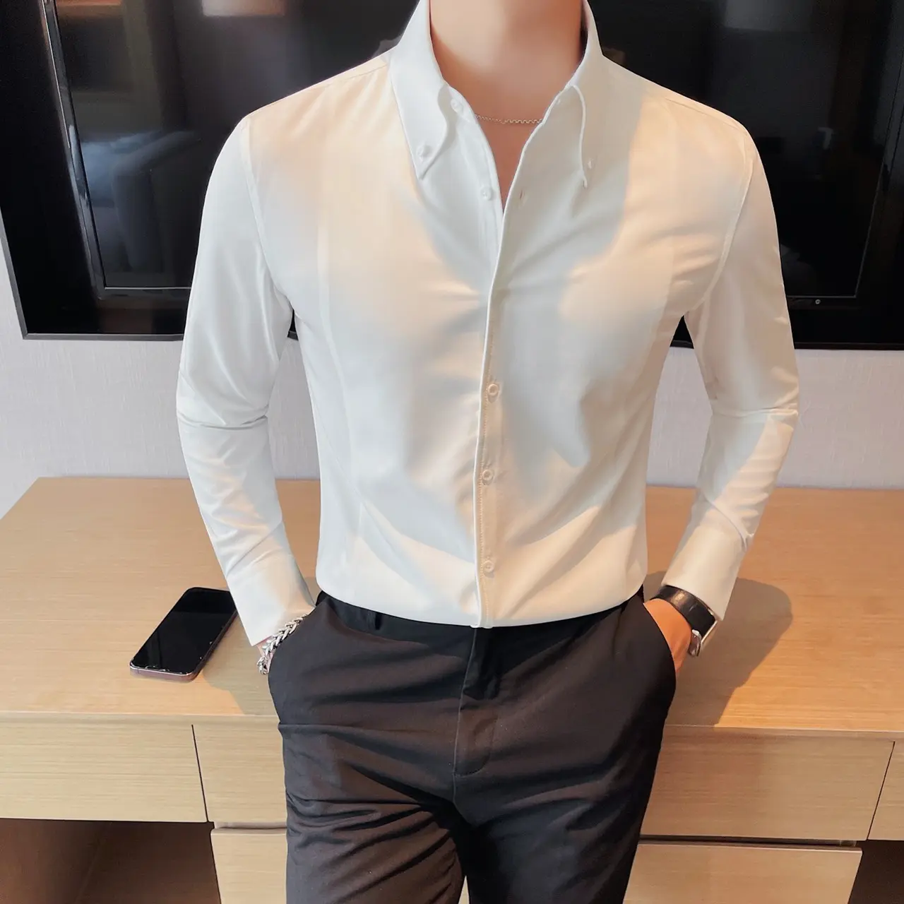 Áo sơ mi nam dài tay có cúc cổ đeo cavat sang trọng thanh lịch phom slim body ôm dáng- 3 màu xanh trắng den dễ mặc dễ phối đồ