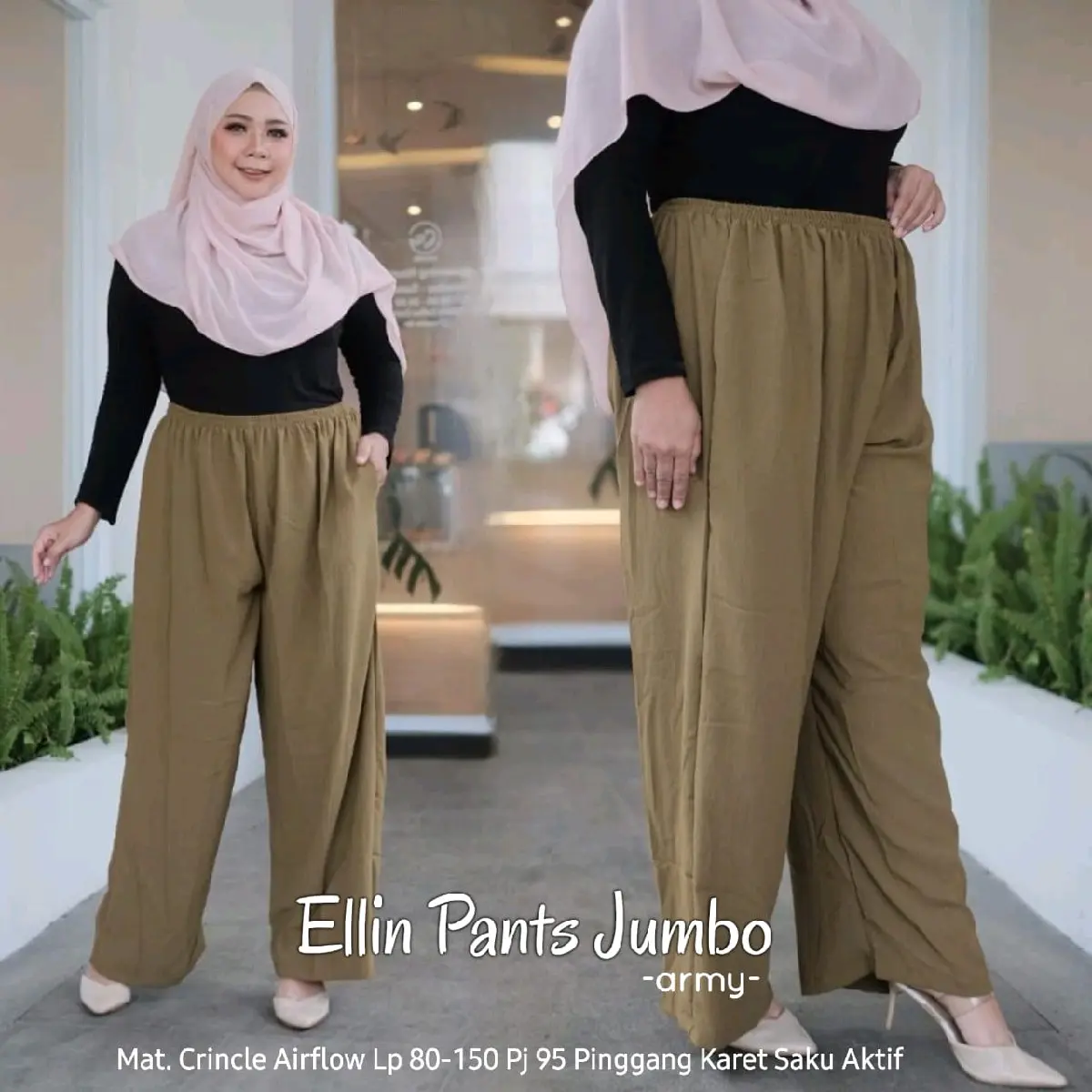 Celana Panjang Super Jumbo Ellin Pinggang Karet Saku Aktif Bahan Crinkle Airflow Adem Nyaman Jatuh Bisa Muat Bb 100 Kg