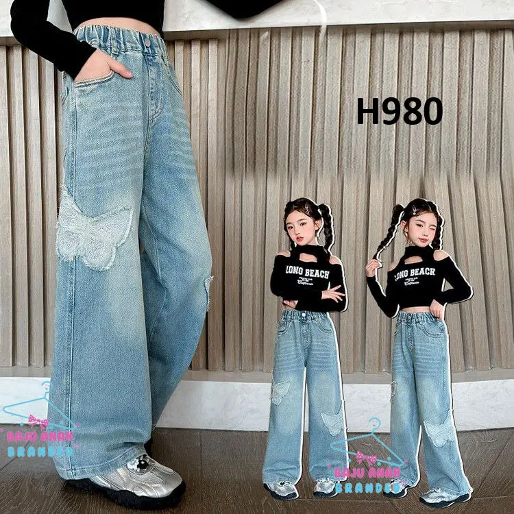 H980 Celana Kulot Butterfly Jeans Anak Perempuan Tanggung