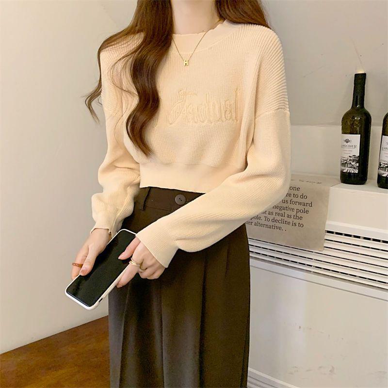 Áo Len Nữ Dệt Kim, Phong Cách Mùa Thu, Có Thêu Chữ, Cổ Tròn, Tay Dài, Dáng Rộng Vừa Vặn, Gợi Cảm, Chiều Dài Ngắn 6