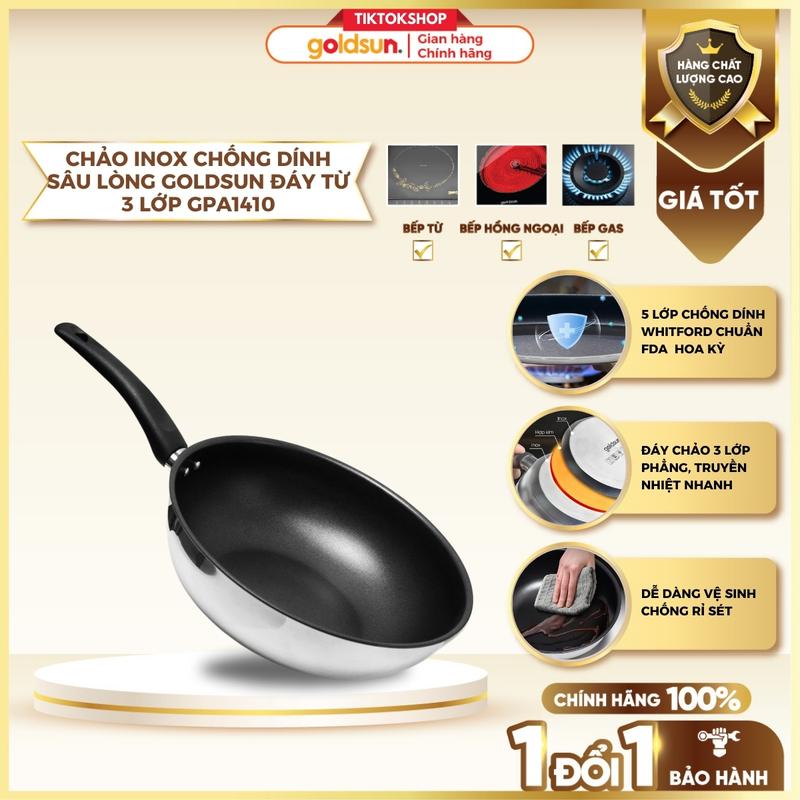 Chảo inox chống dính sâu lòng Goldsun đáy từ 3 lớp GPA1410 sử dụng trên mọi loại bếp
