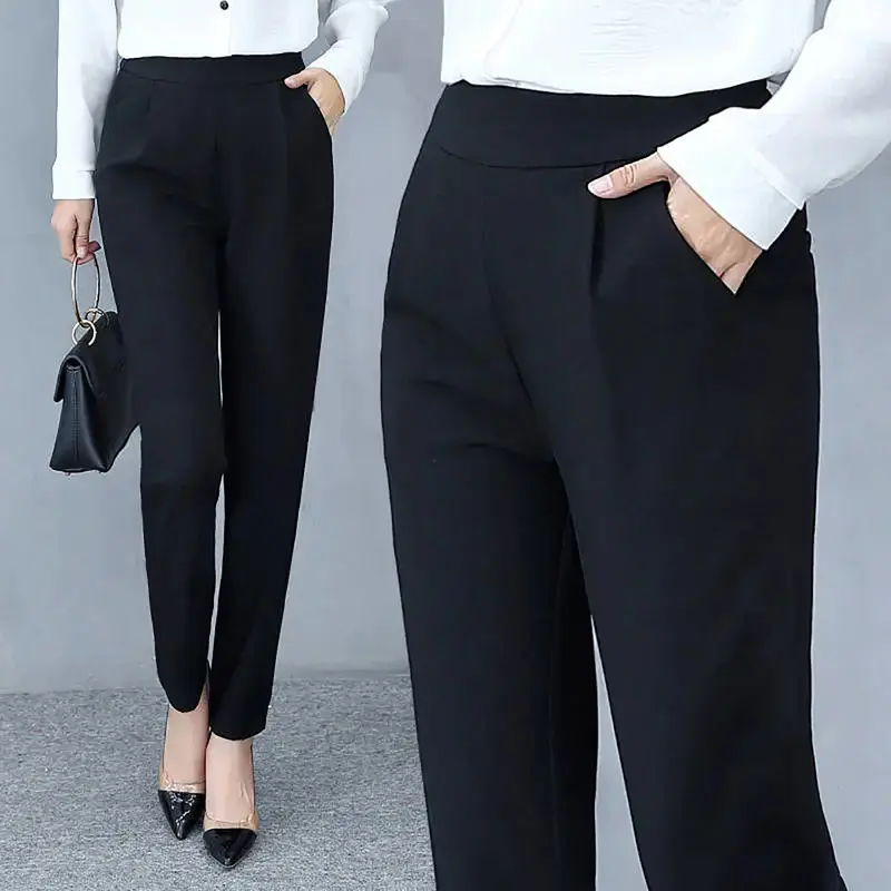 Bqudyzy-Quần Nữ Cạp Cao, Linh Hoạt, Thanh Lịch, Đi Làm, Mỏng, Mặc Hàng Ngày, Polyester, Màu Trơn, Bộ Đồ Du Lịch 1