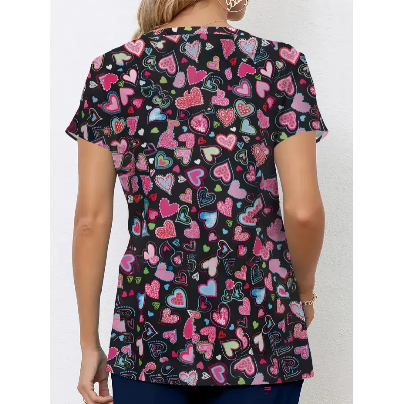 Elegant Plus Size V-Neck Heart Print Scrub Top - Polyester Blend, Short Sleeve with Pockets - Perfect for Nurses and Healthcare Professionals 1