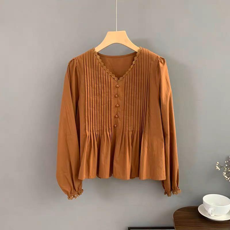 Product Introduction of CHICMORE Atasan Kemeja lipit desain retro Lengan Panjang Gaya Modis Untuk Wanita 5