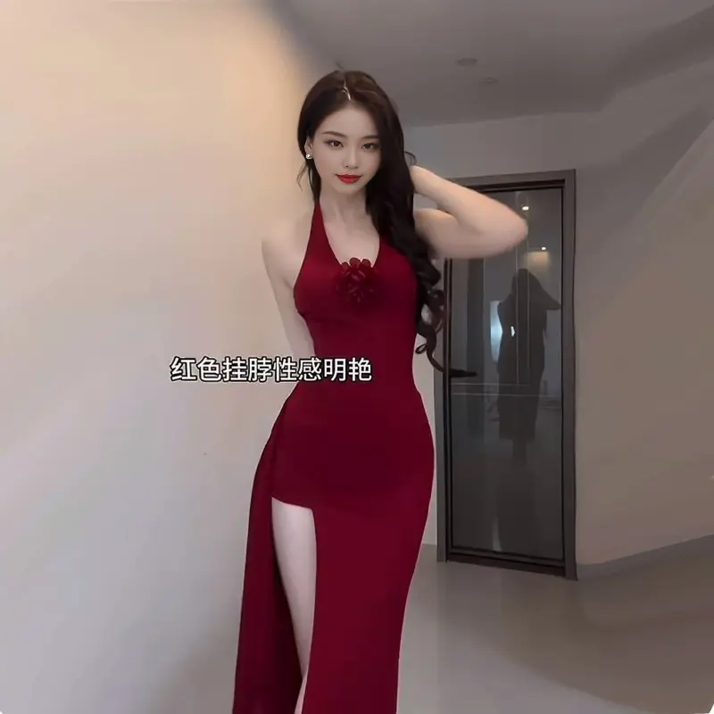 2024 [2581 People Collected] French Style High-End Elegant Halter Neck Dress Spring Summer New Hot Girl Slit High Waist Slim Fit Bodycon Long Dress