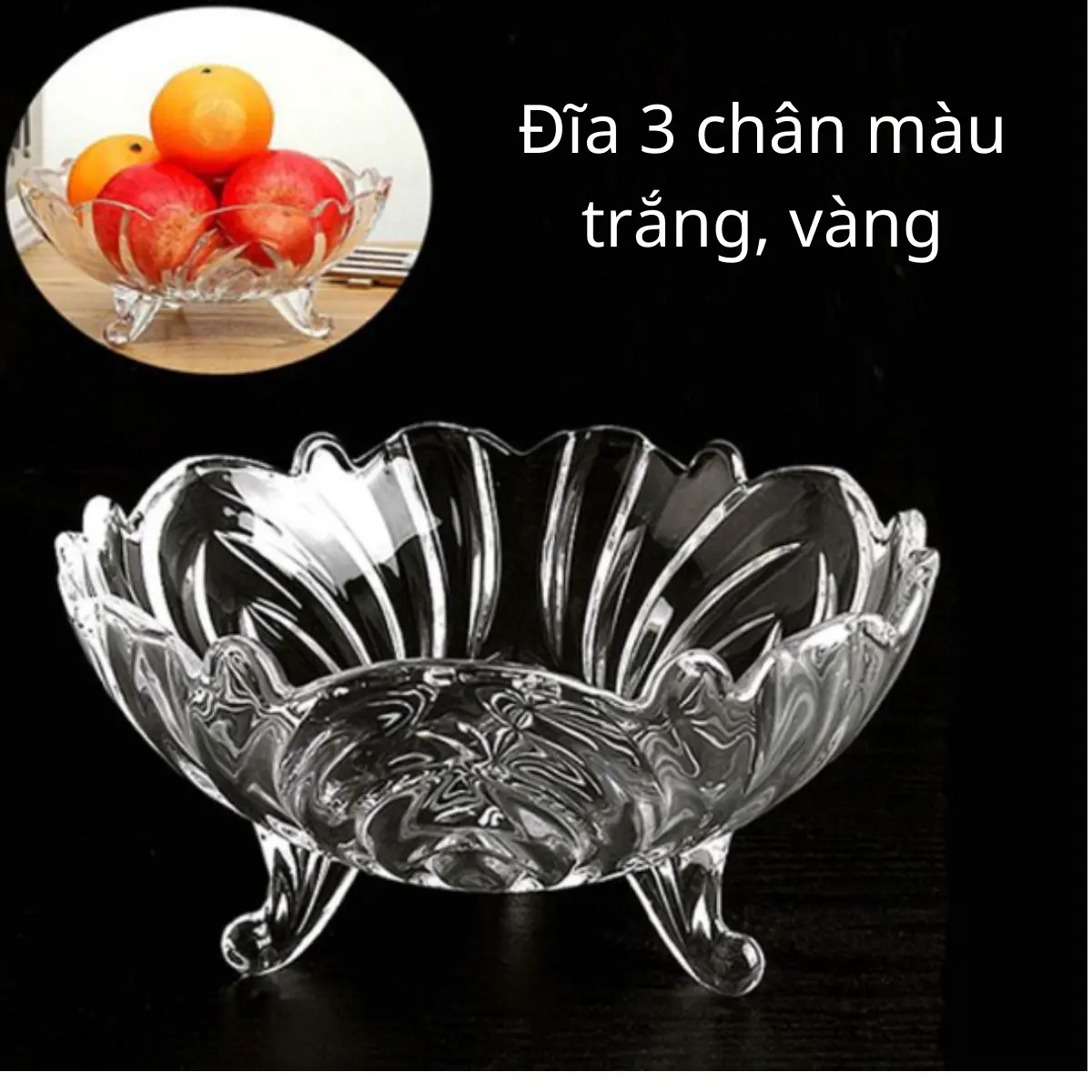 Đĩa Hoa Quả 3 Chân, Đĩa Thủy Tinh Cao Cấp Đựng Trái Cây 2 Màu trắng, vàng, sang trọng, tiện nghi