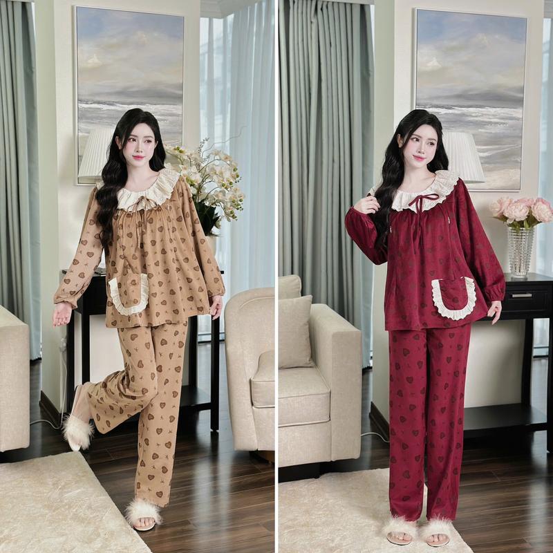 COMBO 2 Bộ đồ bầu và Sau sinh Thu Đông Chất nhung tăm hàn, cổ bèo họa tiết trái tim Mềm mịn Freesize dưới 72kg dành cho mẹ bầu