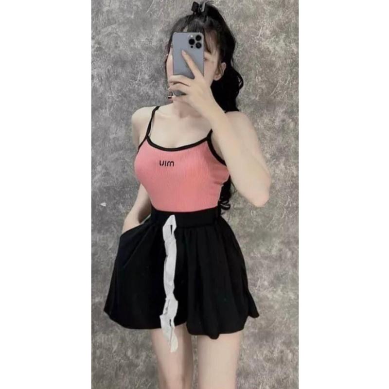 Sét bộ nữ 2 món áo 2 dây thêu miu body kèm quần đùi lưng thun ống rộng chất vải thun gân len 4 chiều FreeSize Kem Top Women