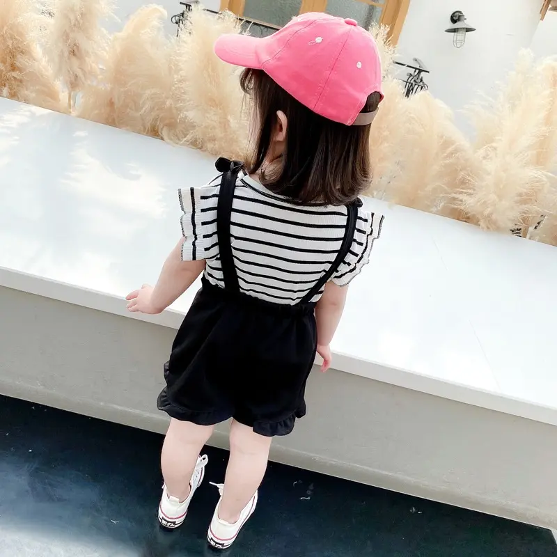 Setelan Set 2in1 Overall Anak Bayi Perempuan Kodok Garis Strip Pendek Import Cewek Parsel 2