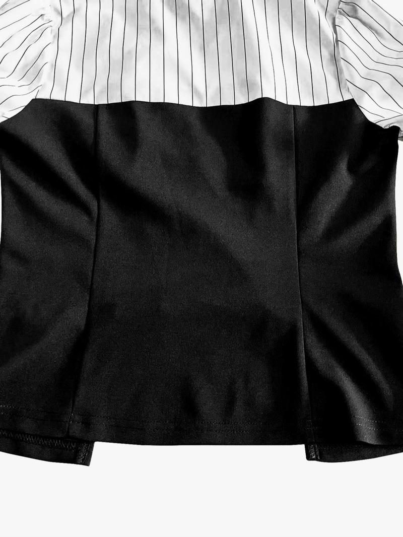 Product Introduction of Women's Patchwork Striped Print Bishop Sleeve Split Hem Blouse, Elegant Long Sleeve Collared V Neck Top for Fall & Winter, Women's Clothing for Daily Wear 17
