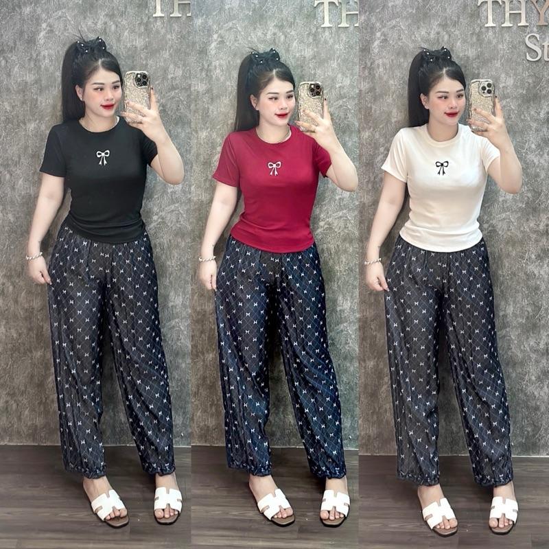 Bộ áo thun tăm thêu nơ nhí. Quần baggy vải đũi in nơ Top Women Nữ
