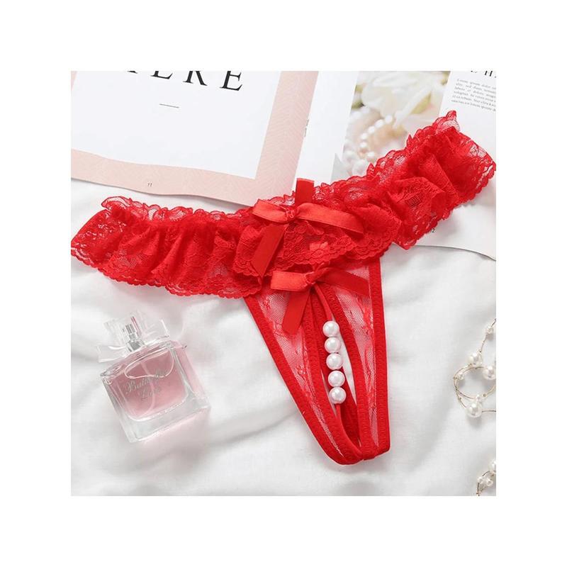 1pc Sexy Lace Crotchless Thong With Massage Pearl Detail 0